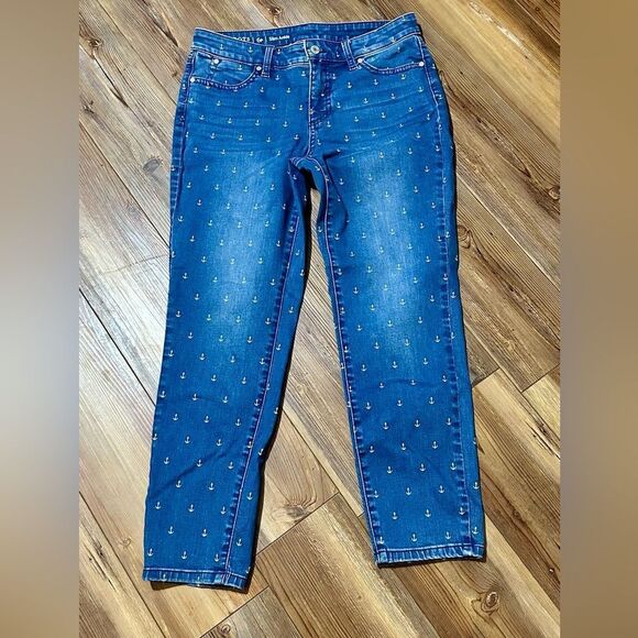 Women's Blue Nautical Anchor Print Jeans - Picture 2 of 6